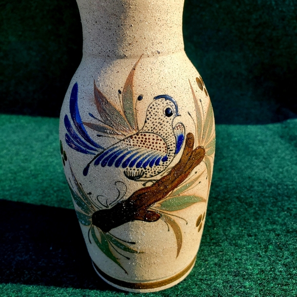 Mexican Pottery GF Tonala Vase Marked Lovely Design Bird & Flowers 8in No Chips - Picture 6 of 12